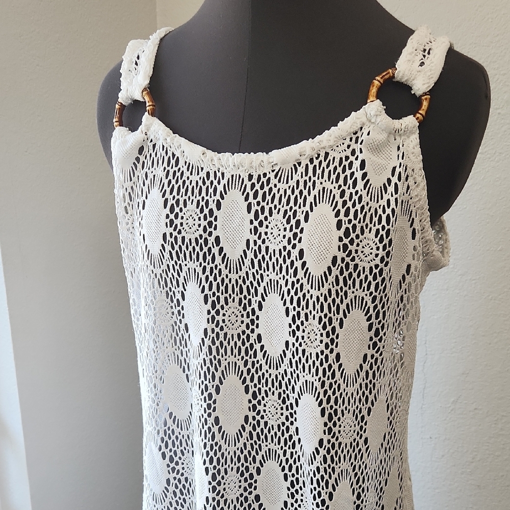 White Crochet Coverup with Bamboo Accents